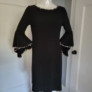 Elegant Black + Brown Animal Accent Flared Sleeve Dress